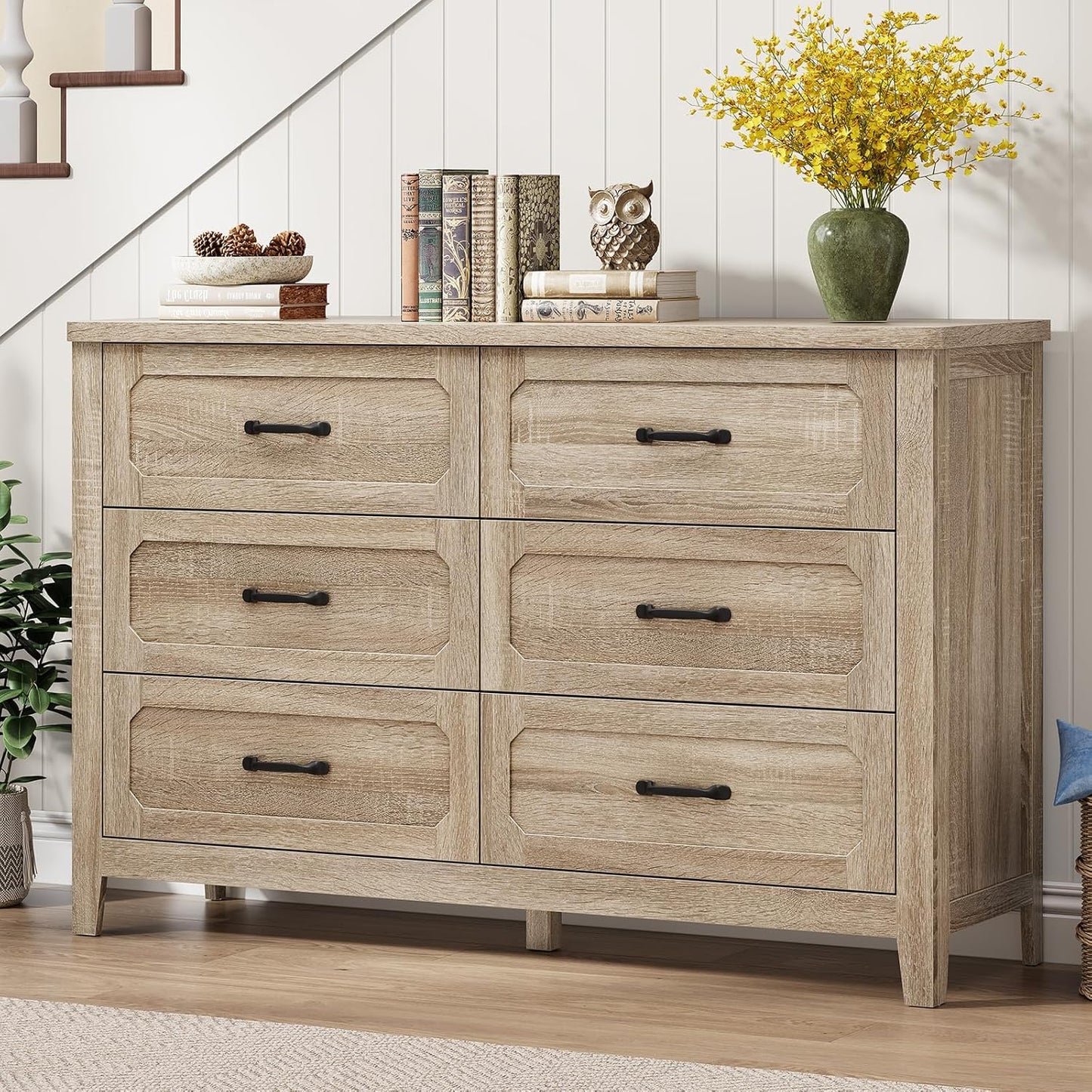 Farmhouse 6 Drawer Dresser for Bedroom, 48'' Wide Chest of Drawers with Metal Handles, Wood Dresser TV Stand, Rustic Storage Organizer for Closet, Living Room, Grey Oak