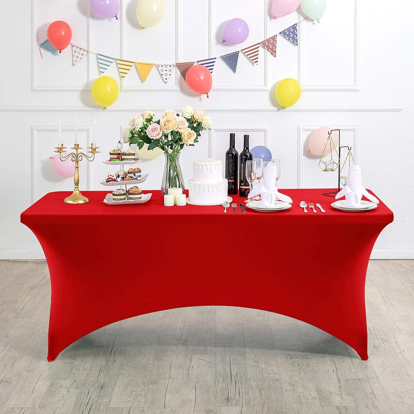 2Pack Spandex Table Cover for 4FT or 6ft or 8ft Table Universal Fitted Stretch Tablecloth for Party, Banquet, Wedding and Events-Red