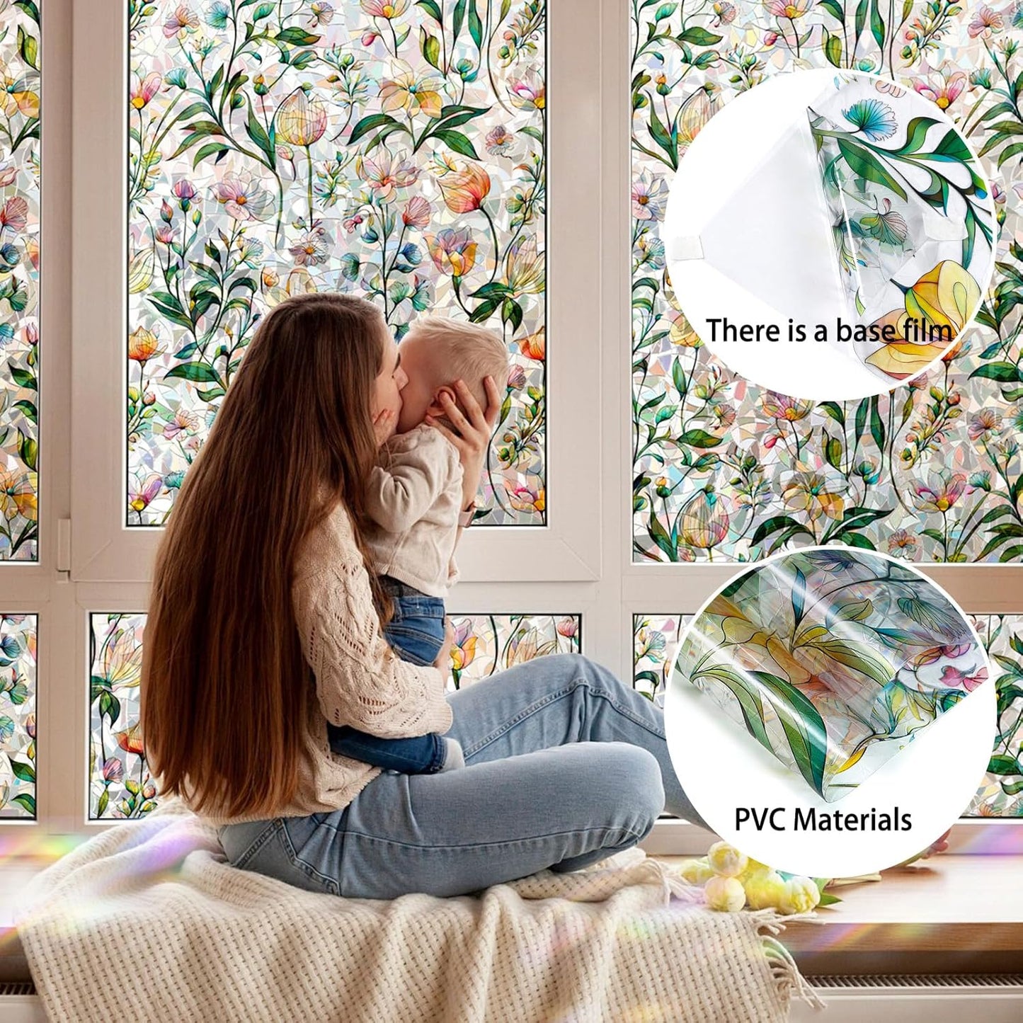 Rainbow Window Privacy Film 3D Floral Decorative Stained Glass Window Film Anti UV Non-Adhesive Reusable 17.5" x 78.7" for Home Room Car Glass Cling