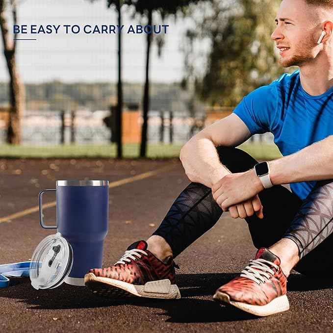 30 oz Tumbler With Handle, Double Wall Stainless Steel Vacuum Insulated Travel Mug with Splash-Proof Lid Metal Straw and Brush (Navy)