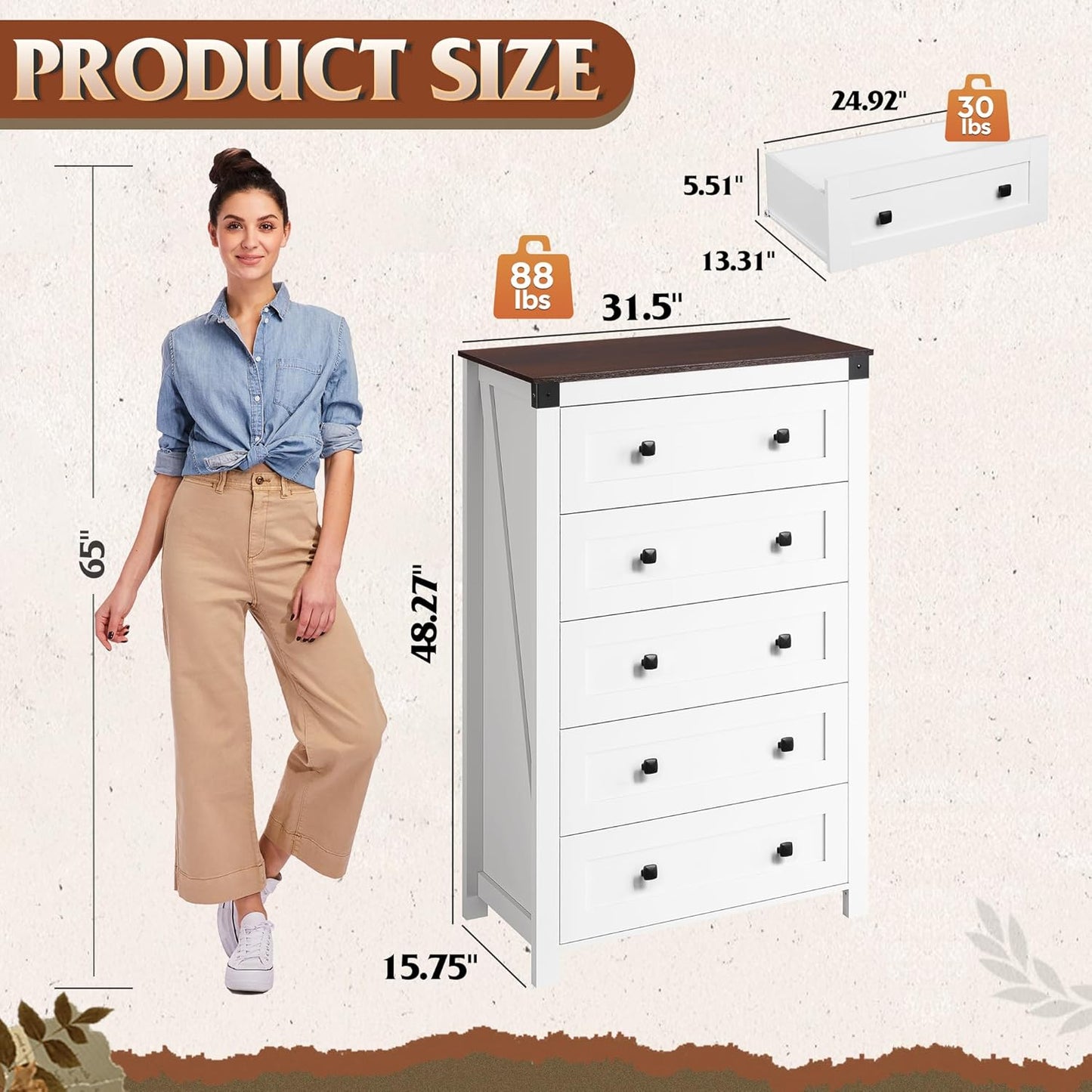 WLIVE Farmhouse White Dresser for Bedroom, 5 Drawer Dresser Storage Organizer, Tall Wood Dressers with Double Rustic Handle, Chest of Drawers for Living Room, Hallway, Closet