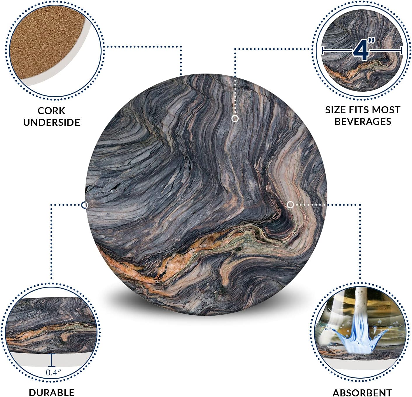 Emerson Coasters for Drinks Absorbent – Natural Stone Drink Coasters Set with Holder, Coasters for Coffee Table, Wooden Tabletop Protection Marble Style – 100% Heavy Duty Set of 6 (Magma)