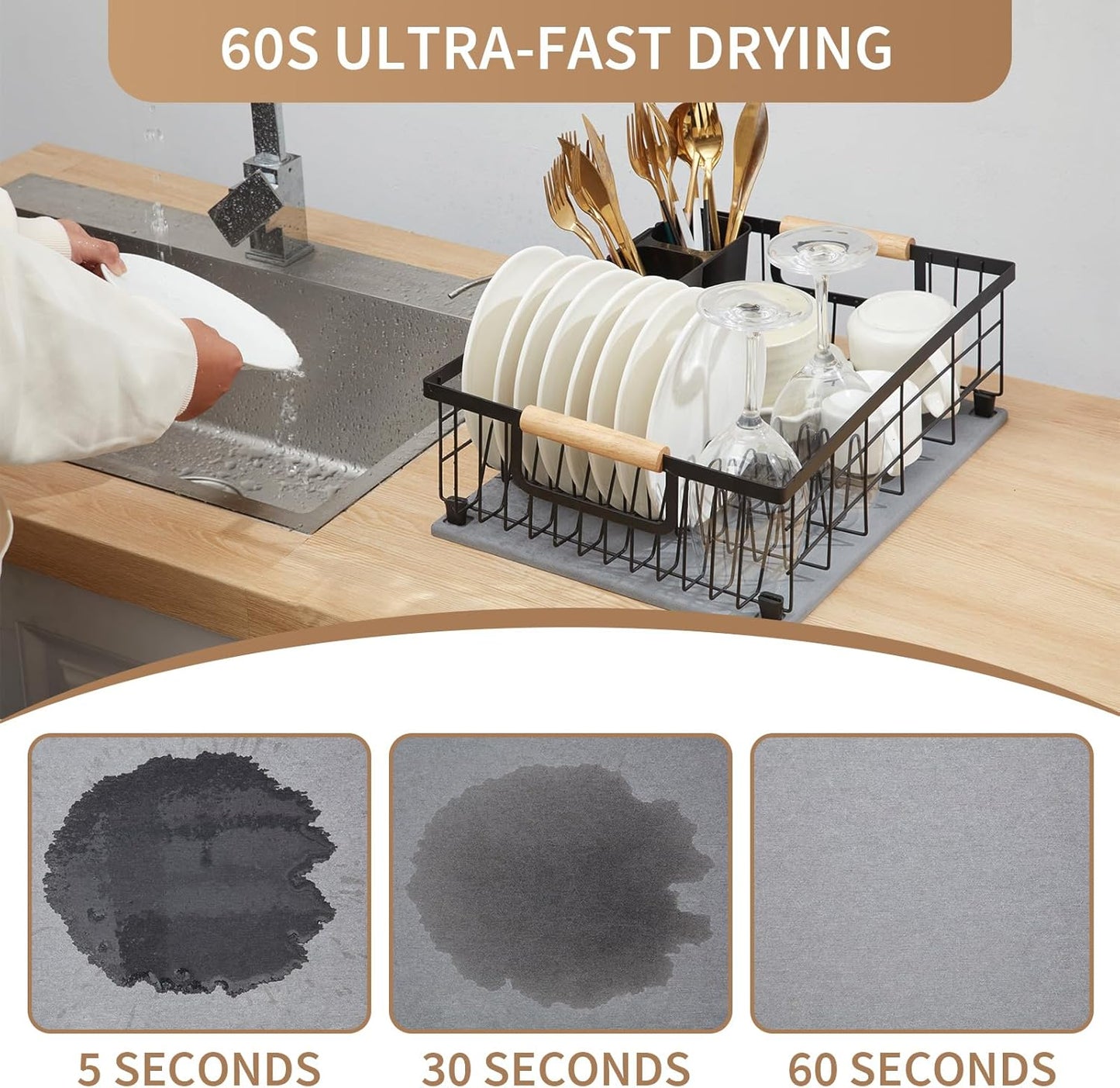 Dish Drying Rack with Stone Dish Drying Mat for Kitchen Counter, Dish Drainer with Diatomaceous Earth Quick Dry Mat, Organization and Storage Essentials with Cup & Cutlery Holders
