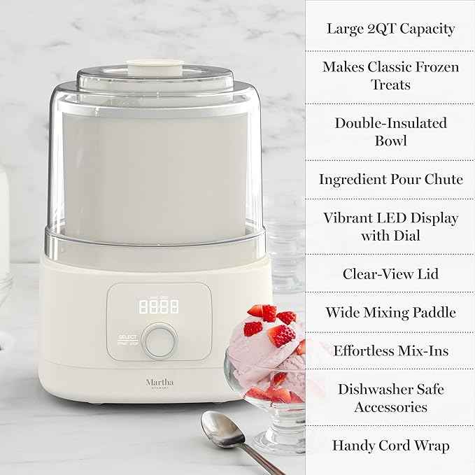 Martha Stewart Ice Cream Maker, 2 Quart Double-Insulated Freezer Bowl, Sorbet & Frozen Yogurt, Ready in 20 Minutes, Mix-Ins Chute, Easy to Clean, Linen White