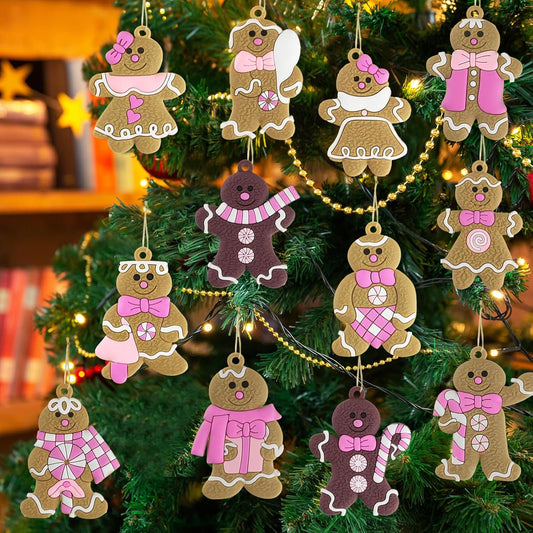 Gingerbread Man Ornaments Christmas Tree Decorations - 12pcs Pink Gingerbread Man Christmas Decorations Hanging Ornaments for Holiday Xmas Tree Home Decor