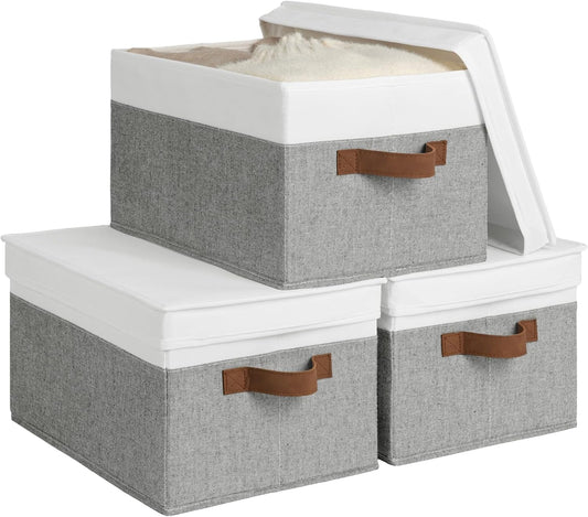 StorageWorks Large Storage Bins with Lids, Decorative Storage Boxes with Lid and PU Handles, Foldable Storage Baskets for Closet, Shelves, Stackable, Gray and White, 3-Pack