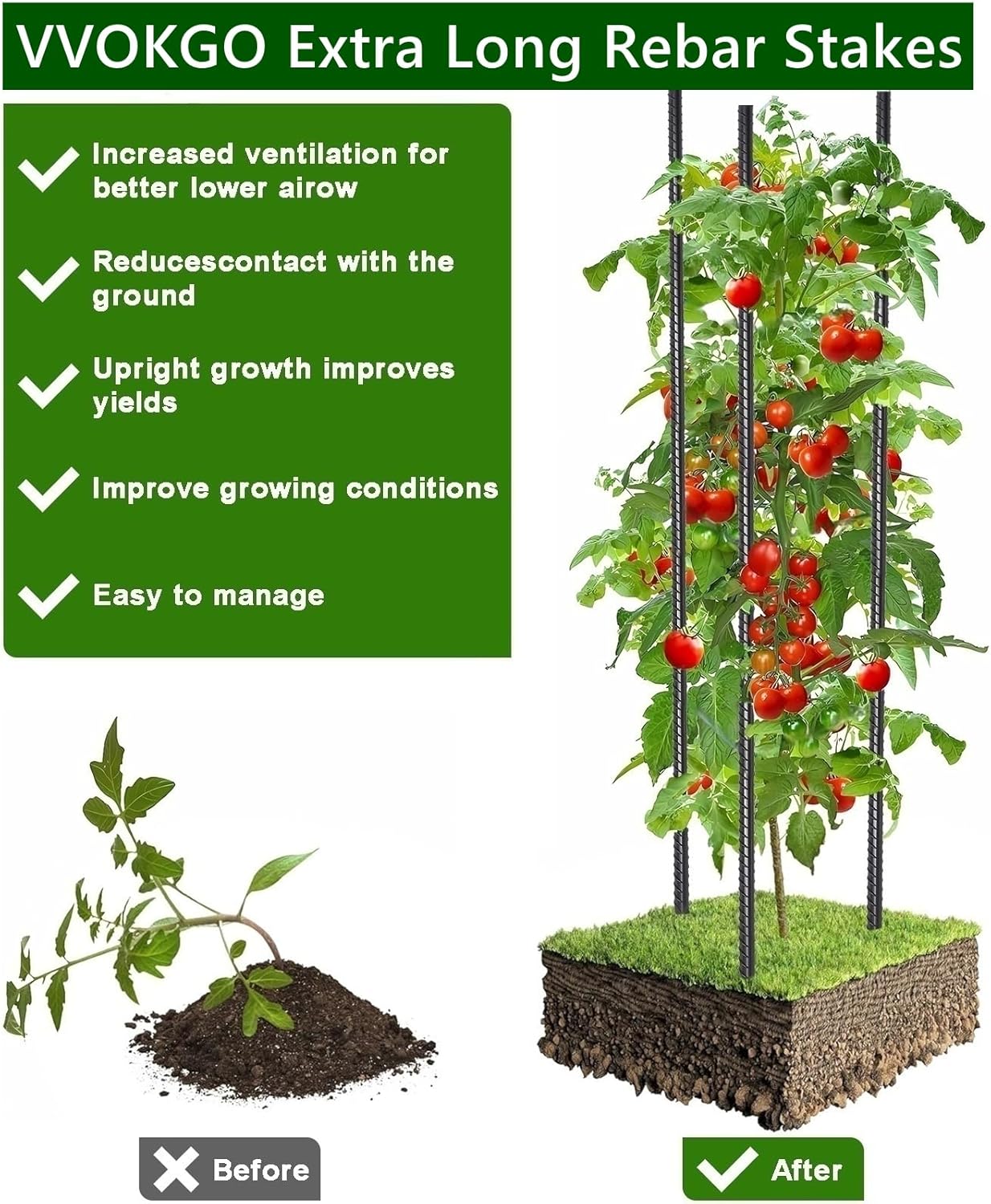 VVOKGO Rebar Stakes 24 Inch Ground Straight Concrete Form Stakes Heavy Duty (24pcs), 3/8" Diameter Metal Steel Spikes Anchors with Chisel Point End for Plant Support, Garden Border,Landscape Edging