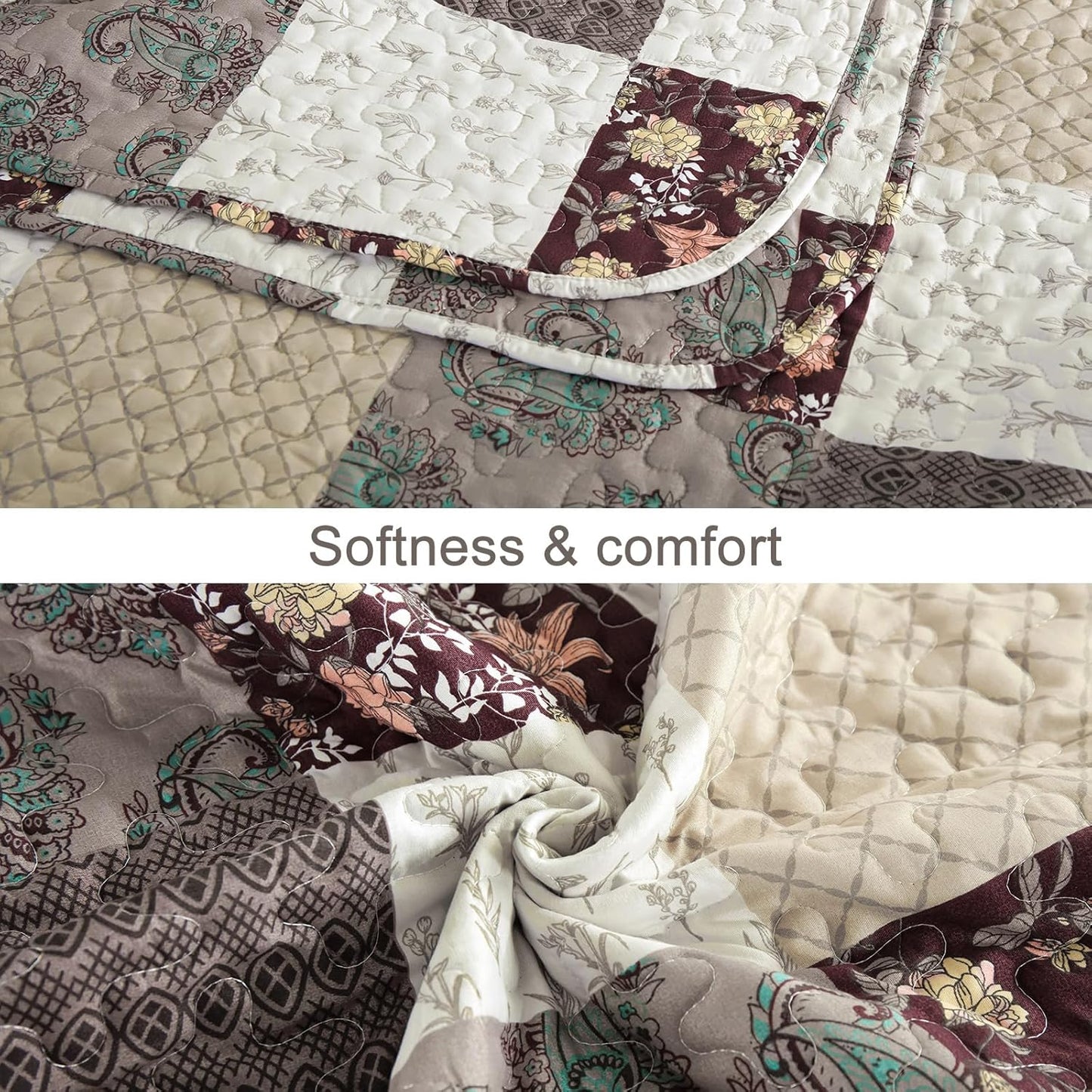 Xruibed Floral Plaid Patchwork Fall Quilt Set Queen Size 3 Pieces Taupe Beige Khaki Bedspread Set Reversible Quilt Bedding Set Microfiber Bedding Bedspread Coverlet Set for All Season(Queen 96"x90")