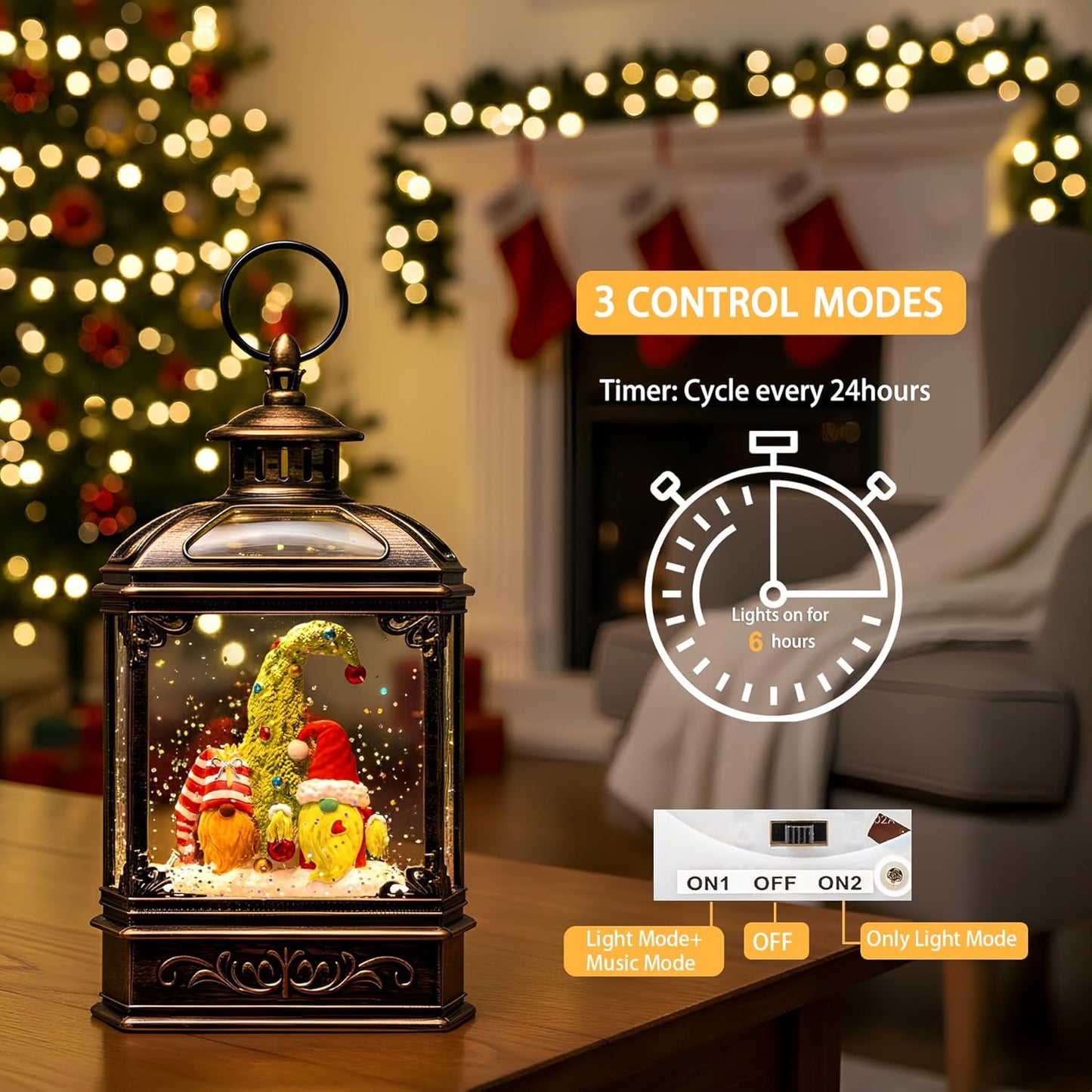 Christmas Snow Globe Lantern Water Glittering Gnomes Scandinavian Santa Elf with Music, USB Lined/Battery Operated Lighted Lantern for Christmas Festival Decoration Gifts