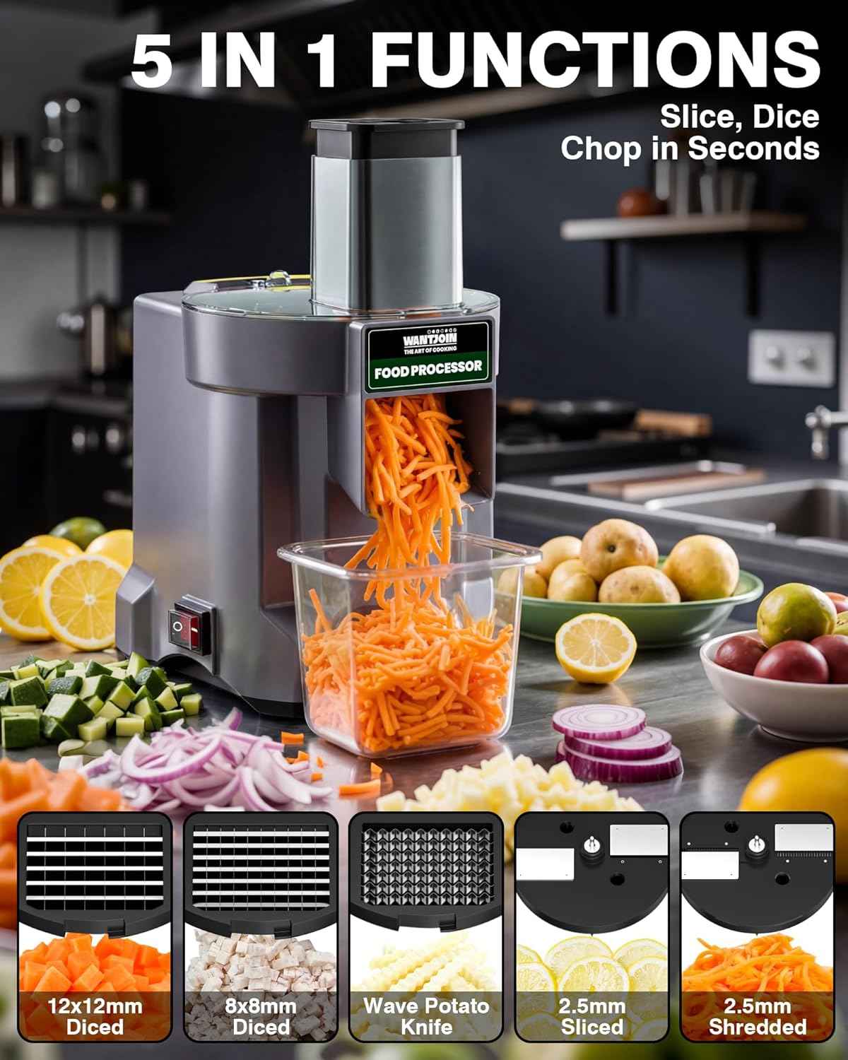 WantJoin 5 in 1 Electric Vegetable Chopper - Multifunctional Commercial Vegetable Dicer Food Fruit Processor Stainless Steel Blades for Slicing(2.5mm), Dicing(8/12mm), Chopping(2.5mm),Shredding