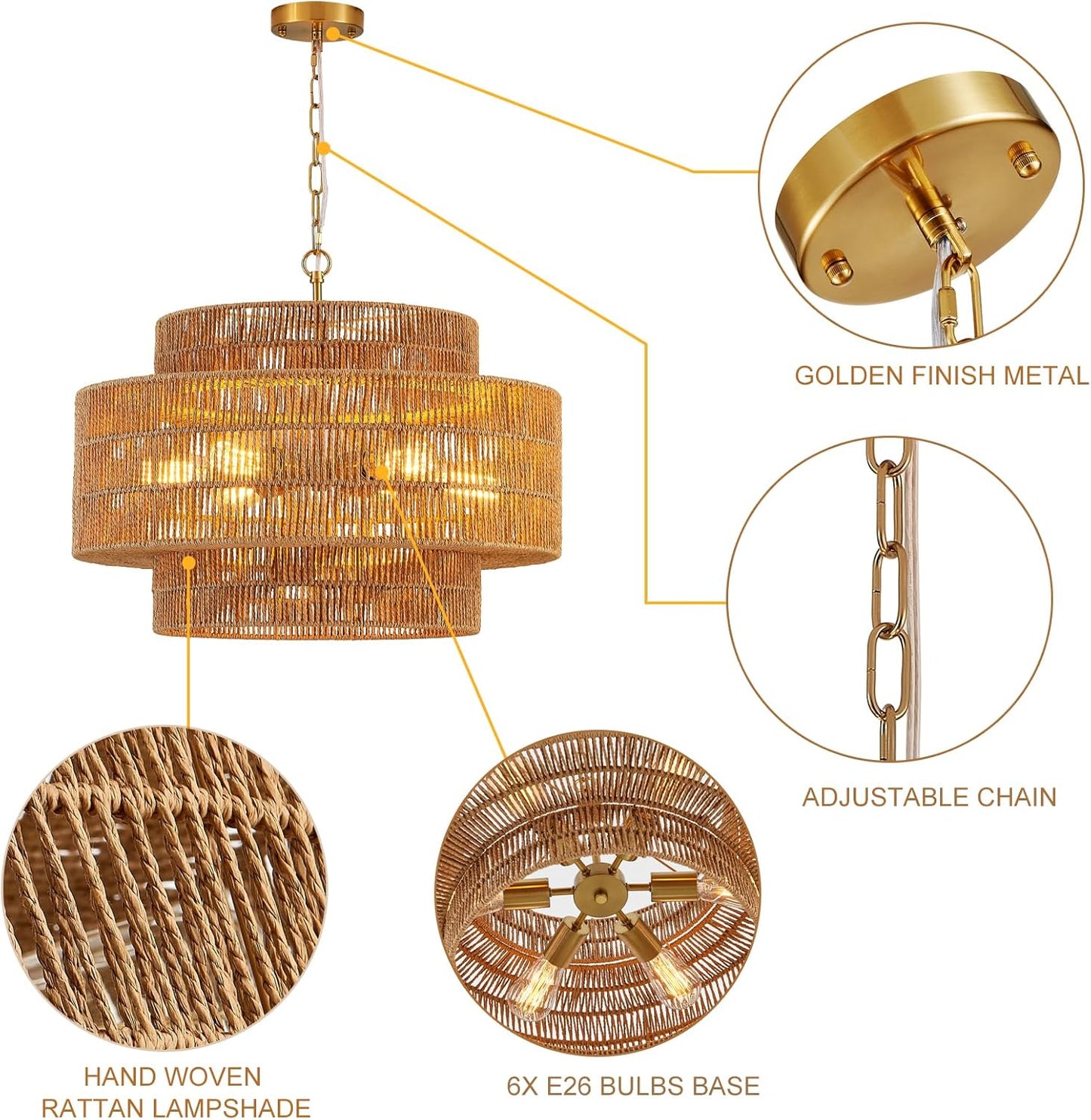 23.6" Rattan Chandelier Light Fixture 6-Light Vintage Farmhouse Hand-Woven Boho Bamboo Rattan Chandelier 3-Tier Drum Wicker Gold Chandeliers for Dining Room, Kitchen, Living Room