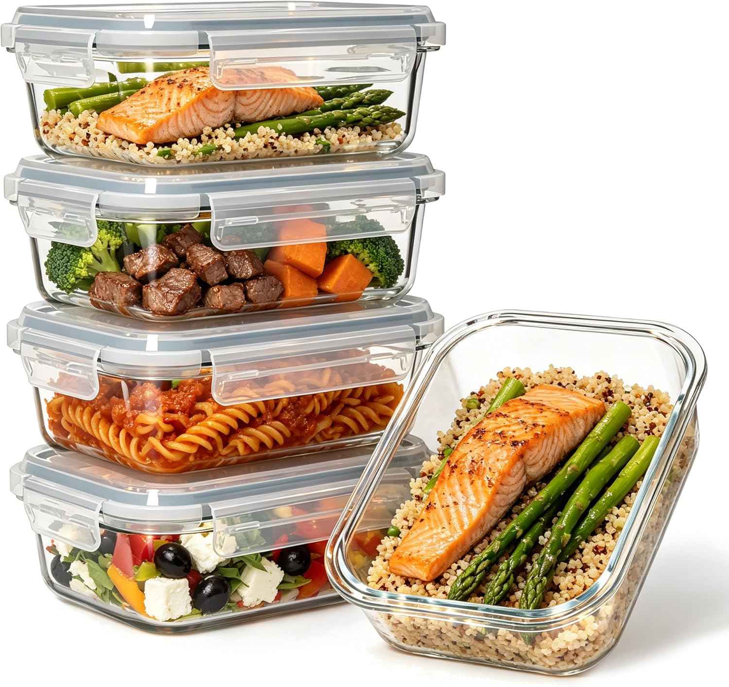 5-Pack 35 oz Borosilicate Glass Food Storage Containers with Lids, Stackable Airtight Glass Meal Prep Containers for Lunch & Leftover, BPA-Free & Leak Proof, for Microwave, Oven, Dishwasher