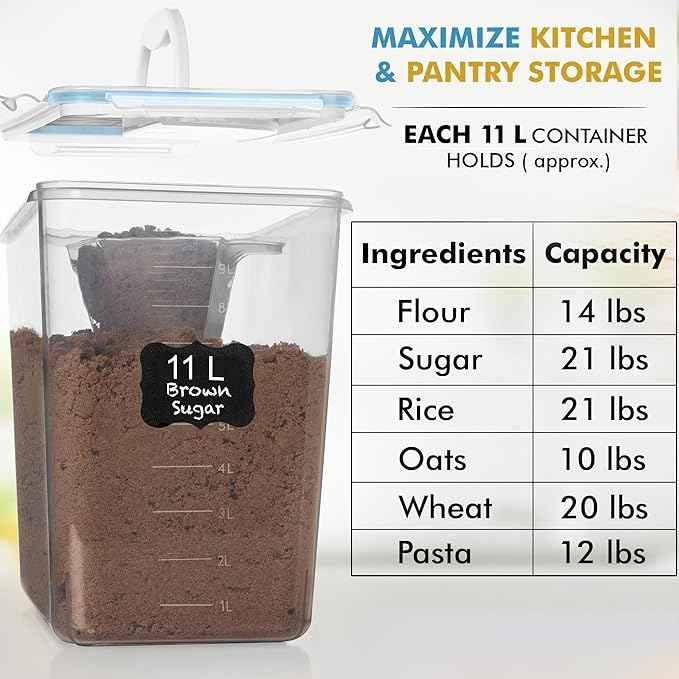 Shazo 2 PC (11L | 372 oz) Flour Sugar Storage Containers with Easy Carry Handle - Plastic Extra Large Food Storage Containers with Lids for Rice Cereal, BPA Free & Airtight Kitchen Pantry Organization