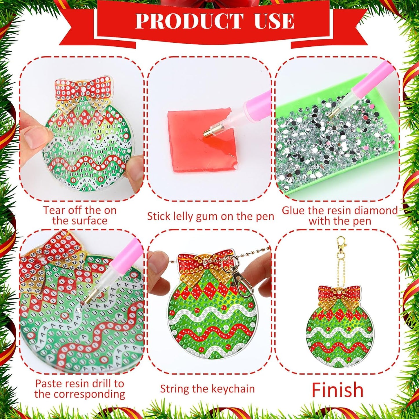 Tondiamo 20 Pcs Christmas Diamond Painting Keychain Kits 5D DIY Diamond Art Pendants Double Sided Hanging Key Chains for Christmas Party Decoration DIY(Green Balls)