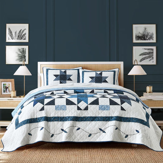 Secgo Handmade Quilted 100% Cotton Queen Comforter Set for Bed - 100% Cotton Quilts Queen Size, Black Bedspreads (90 * 96 Inch) with 2 Pillow Shams, Patchwork Reversible Lightweight Bedding