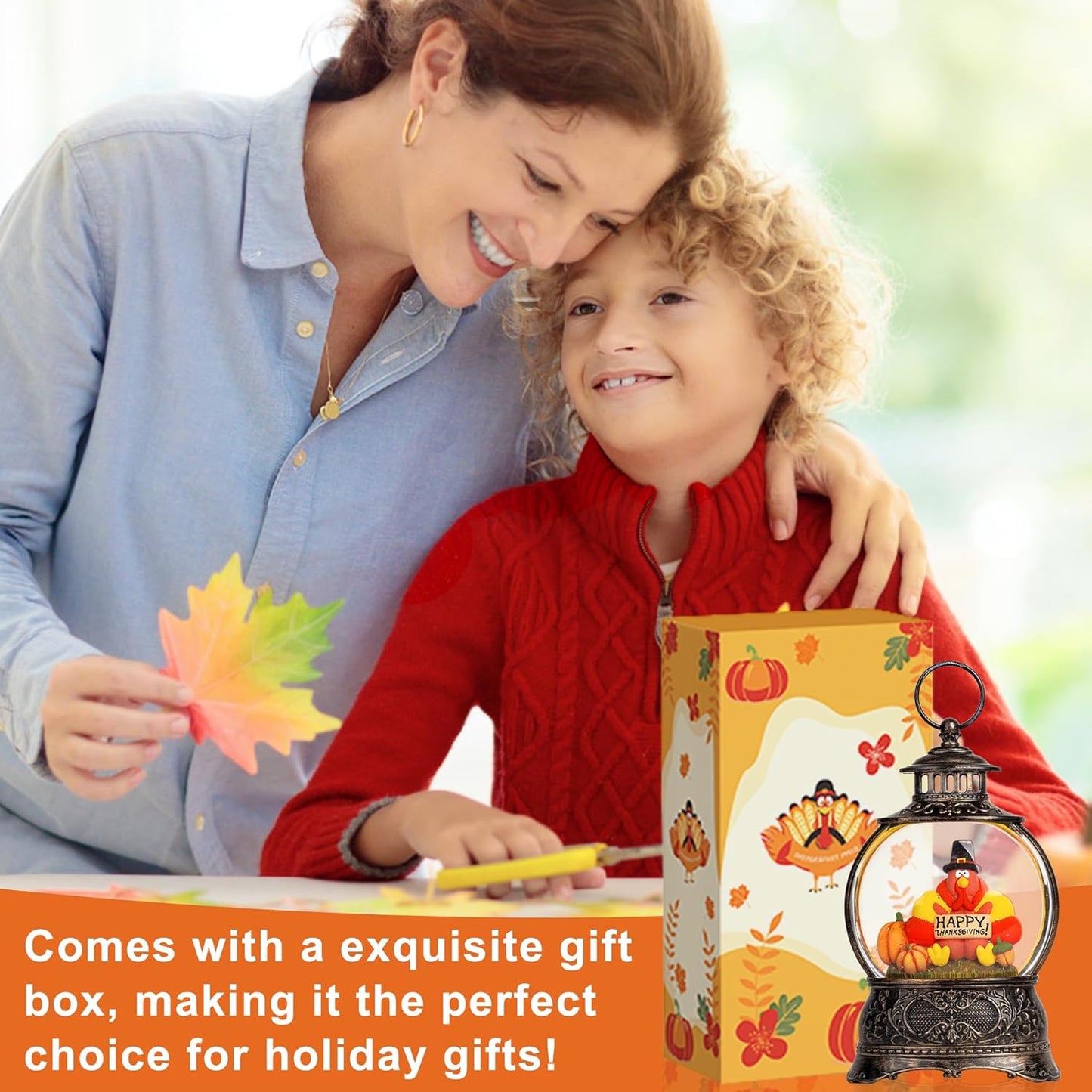 Christmas Fall Snow Globes Thanksgiving Water Lantern Swirling Glitter Snow Globe for Autumn Harvest Day Decorations Home Fall Decor Gifts (Turkey & Pumpkins)