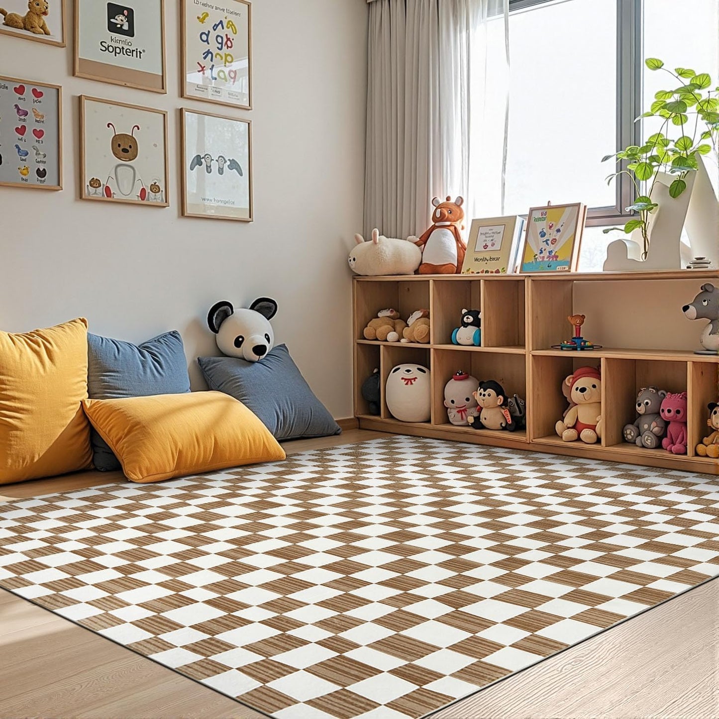 jinchan 6x9 Brown Checkered Area Rugs for Kids Room - Machine Washable Rug Modern Neutral Geometric Lattice Soft Non-Slip Carpet for Nursery Playroom Classroom Living Room Bedroom Home Office