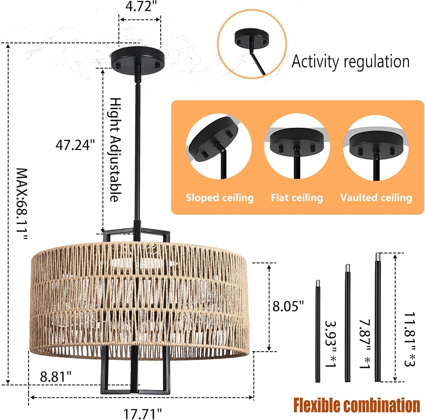 3-Light Boho Chandelier Rattan Light Fixture 17.71" Farmhouse Chandelier for Dining Room Light Fixture Rustic Durm Chandelier Hand Woven Rattan Pendant Light Fixture