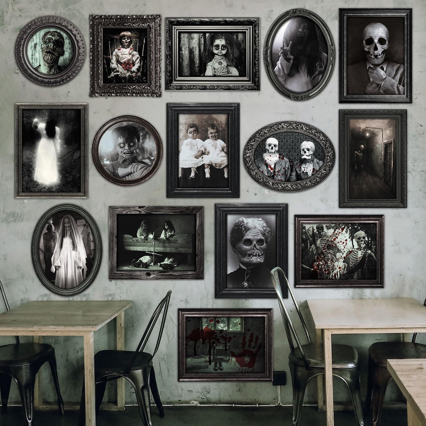 15 Halloween Gothic Creepy Skull Photos Haunted Horror Picture Frame, Waterproof Durable, with 80pcs Self Adhesive Dots，Creepy Photo Decoration For Haunted Family Castle Masquerade Party Black