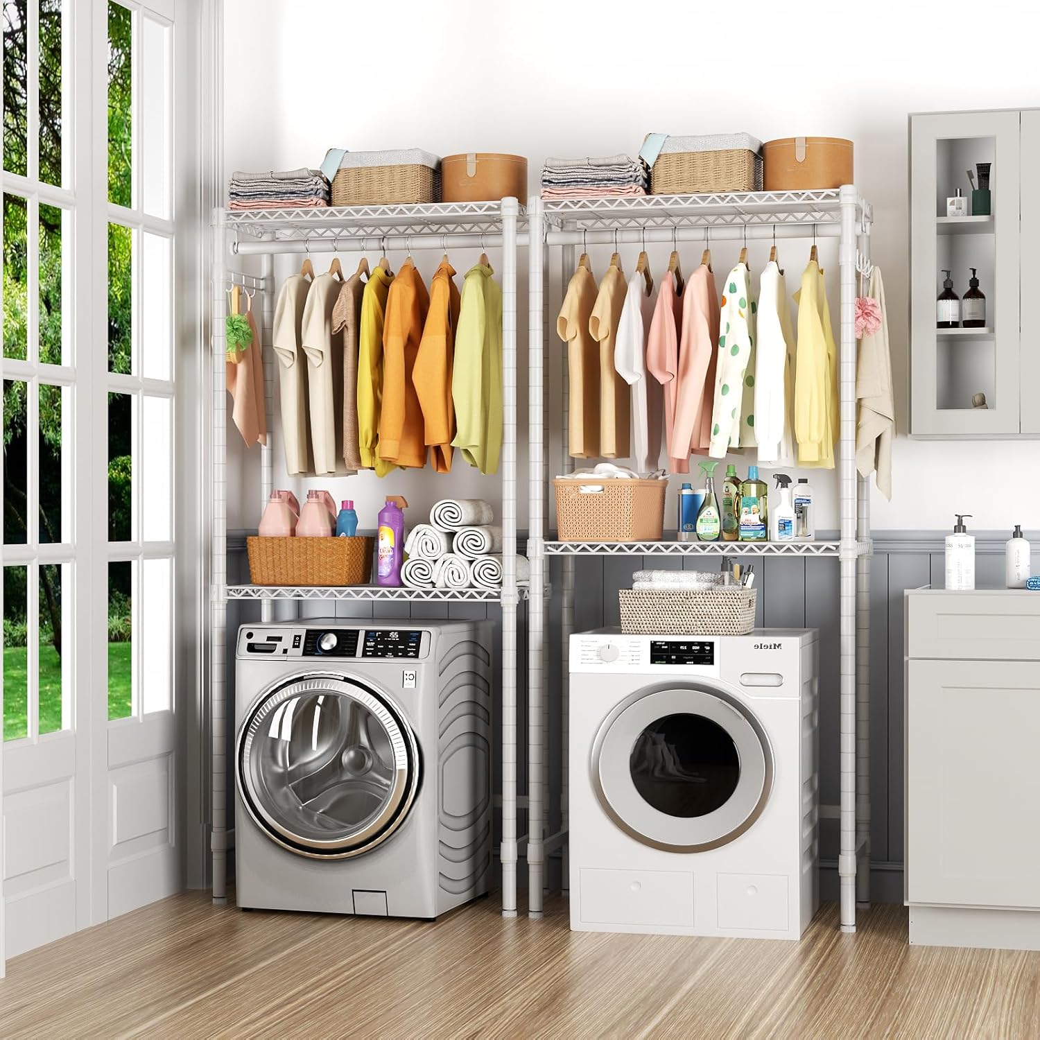 Over Washer and Dryer Shelves,2 Tier Adjustable Height Wire Shelving Laundry Room Storage Organization Clothes Drying Rack with Hanger Rod&Hooks,Space Saving Organizers Shelf,White - Lumora Casa