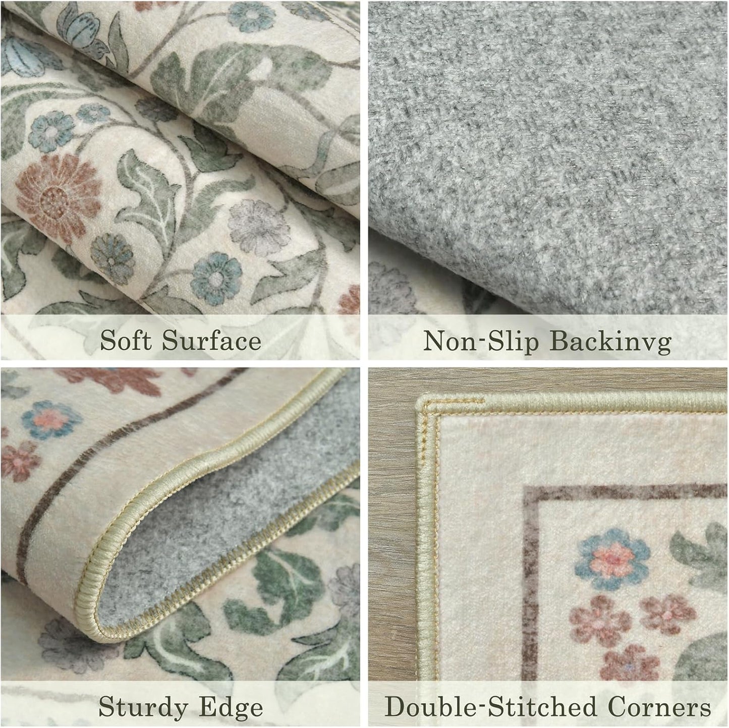 Floral 5x7 Area Rugs for Living Room, Machine Washable Vintage Rug Boho Low Pile Carpets Non Slip Soft Carpet for Farmhouse Bedroom Office Rugs, Kids Room, Nursery Room, Playroom, Beige