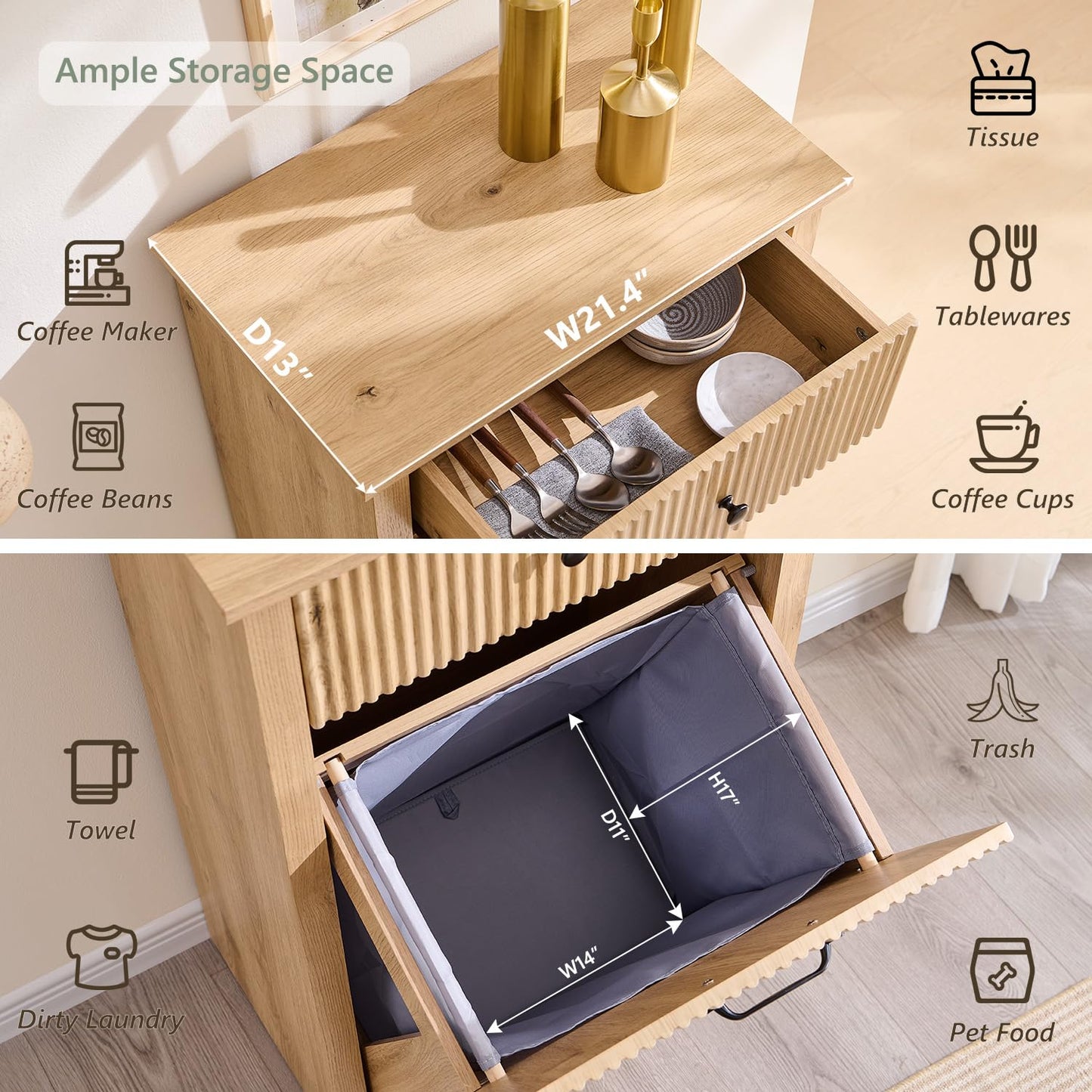 Modern Tilt-Out Trash Can Cabinet, 10 Gallon Fluted Laundry Hamper Cabinet with Drawers, Wooden Hidden Garbage Can Cabinet w/Storage Basket, Free Standing for Kitchen & Living Room,Natural Oak - Lumora Casa