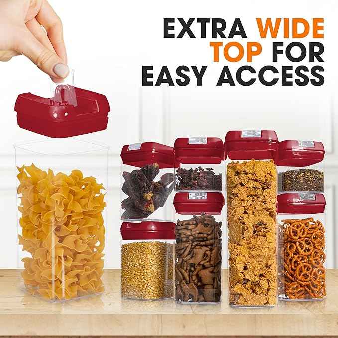 Cheer Collection Airtight Food Storage Containers – Set of 7 Stackable Pantry Organizers with Secure Lids, Kitchen Containers for Dry Goods, Flour, Sugar & More, Red
