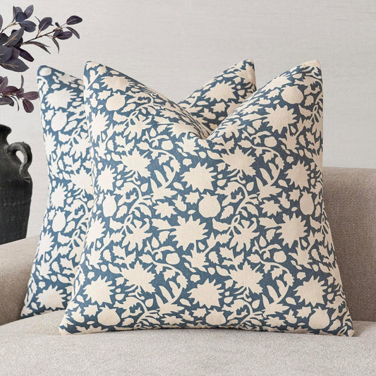 Foindtower Set of 2 Decorative Neutral Floral Throw Pillow Covers Accent Farmhouse Cushion Covers Boho Vintage Pillowcase for Couch Sofa Bedroom Living Room Home Decor Outdoor,20×20 Inch,Dusty Blue