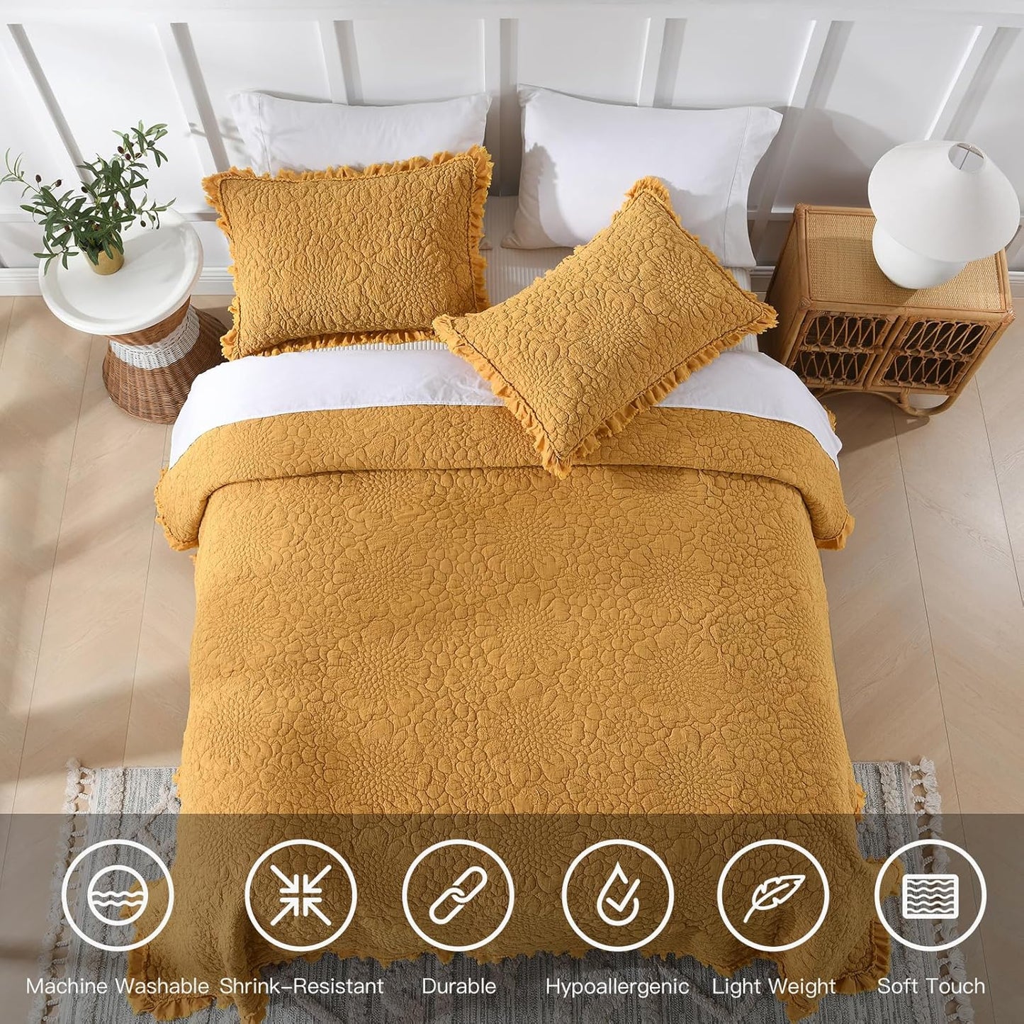 HORIMOTE HOME Yellow Ruffled Quilt Twin Size, Stone-Washed Microfiber Lightweight Crinkled Farmhouse Rustic Shabby Chic Bedding Set, 2 Pieces Reversible Bedspread with Pillow Sham for All Season