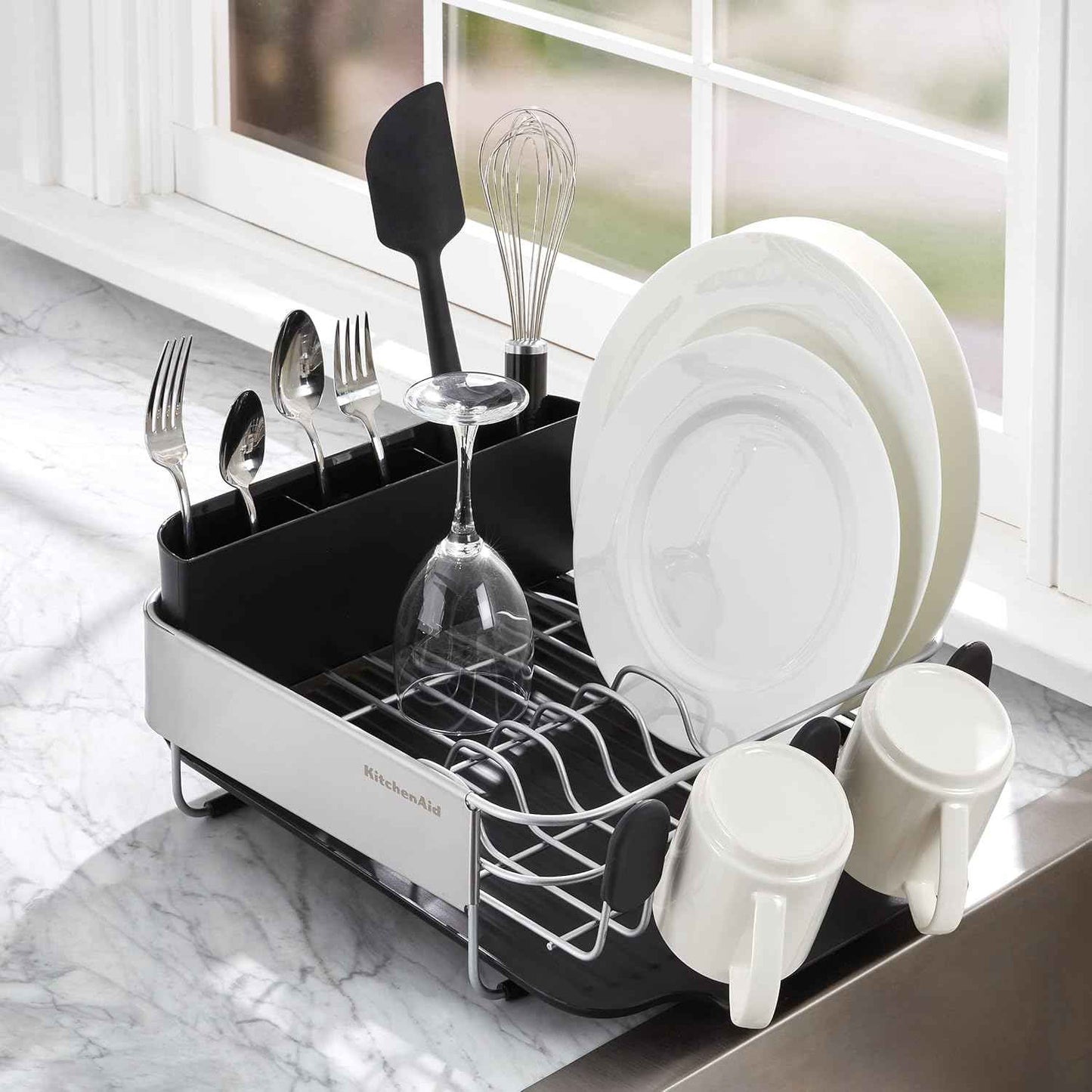 KitchenAid Compact, Space Saving Rust Resistant Dish Rack with Removable Flatware Caddy and Angled Self Draining Drainboard, 16.06-Inch, Black