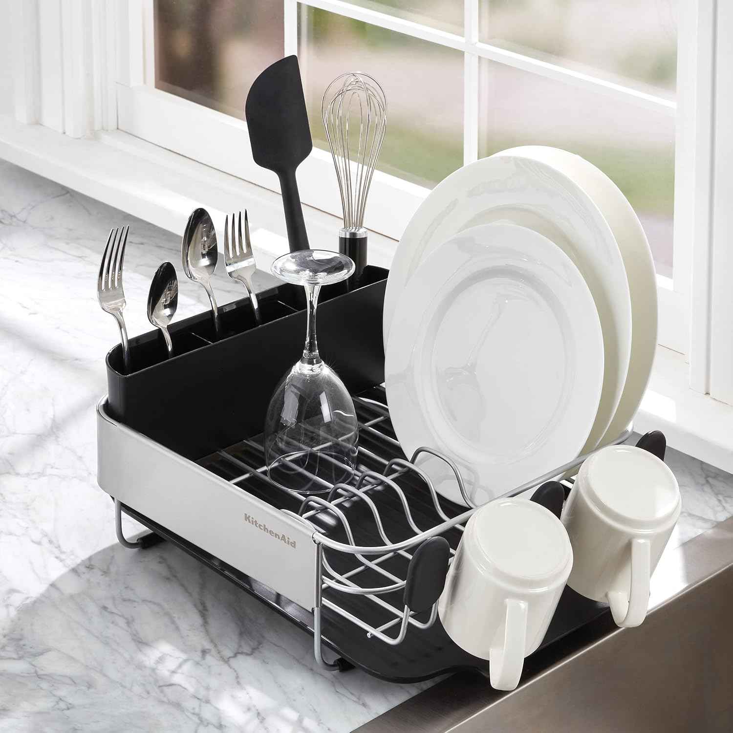KitchenAid Compact, Space Saving Rust Resistant Dish Rack with Removable Flatware Caddy and Angled Self Draining Drainboard, 16.06-Inch, Black