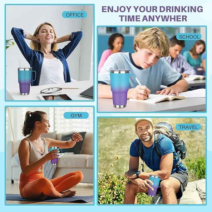 30 oz Stainless Steel Tumbler with Handle, Double Wall Vacuum Insulated Coffee Mug Tumbler with Lid and Straw, Thermal Cup for Cold and Hot (Blue Purple)