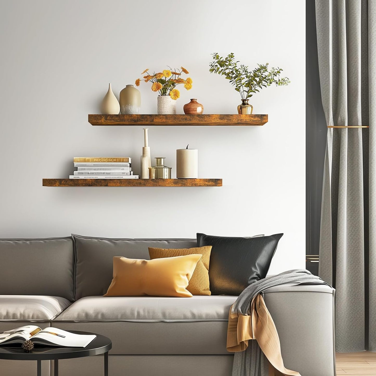 BAYKA Floating Shelves, 36" Wall Mounted Rustic Wood Shelves for Bathroom, Bedroom, Living Room, Kitchen, Office, Hanging Shelf for Books/Storage/Decor(Rustic Brown,Set of 2)