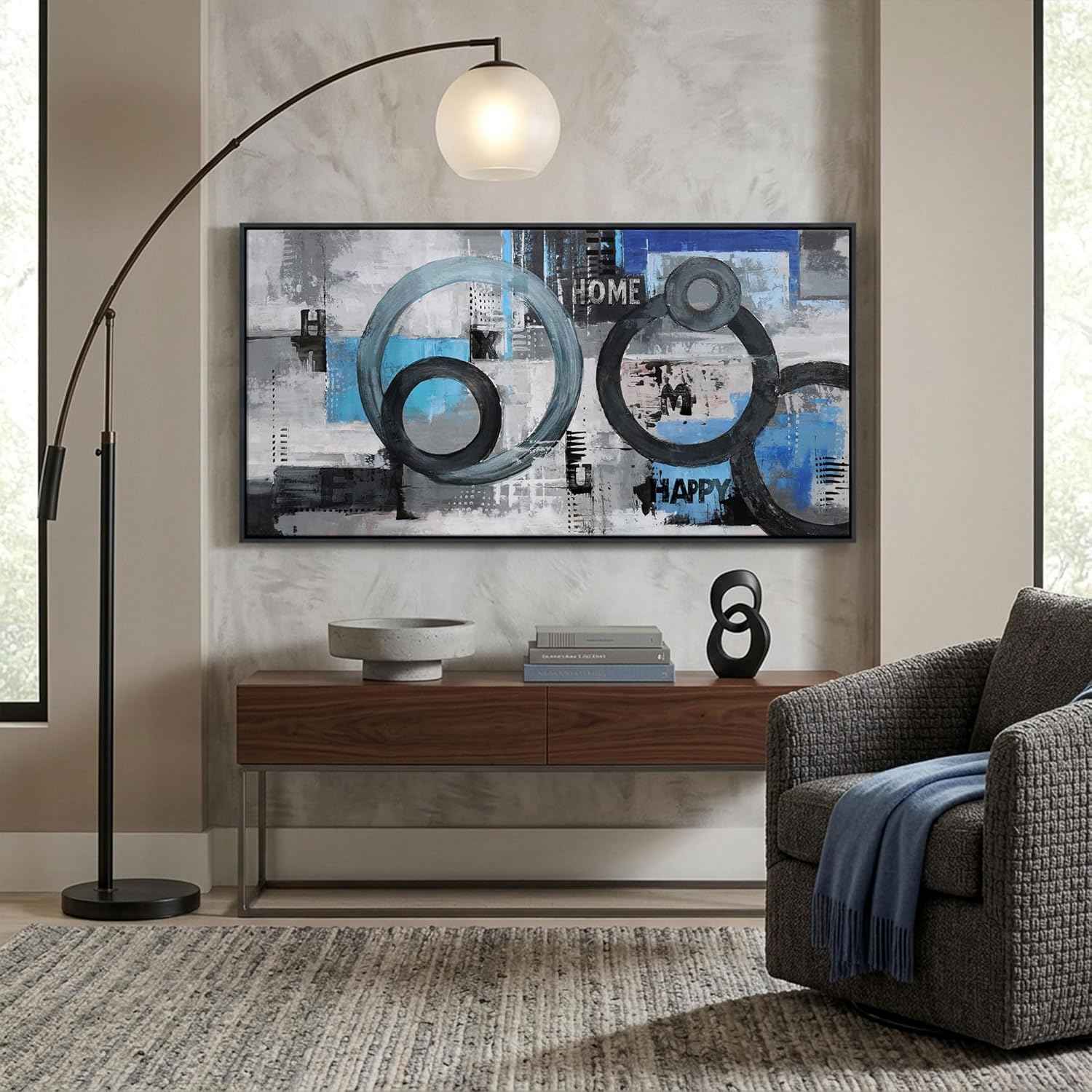 Navy Blue Abstract Wall Art for Living Room - Large Modern Canvas Pictures for Bedroom and Office Decor - Black Framed Wall Art Blue Artwork for Walls 24×48IN