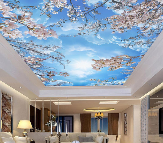 Sky Cherry Blossom Ceiling 3D Wall Mural Wallpaper 103" x 69"