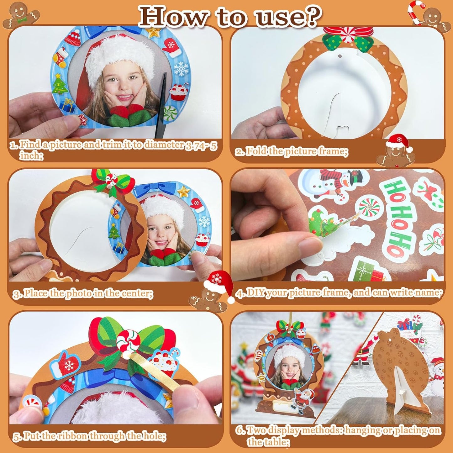 24 Pack Christmas Picture Frame Craft Kits for Kids, Xmas DIY Gingerbread Man Candy Photo Craft Christmas Hanging Frame Ornaments for Xmas Tree Holiday Art Decorations Home Class Game Activities