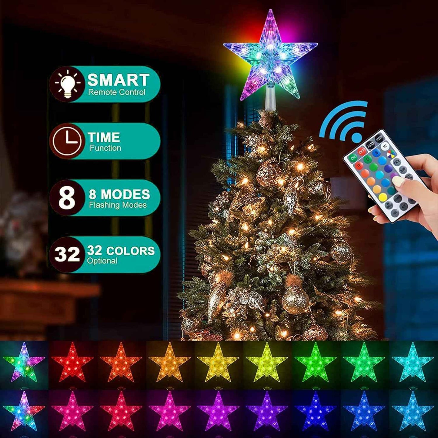 Christmas Tree Topper, FISHOPE LED 24 Modes Color Changing 9.5" Christmas Tree Toppers Star Lighted, Remote Controller Multicolor Christmas Decorations USB Powered for Xmas Holiday Party Gift Décor