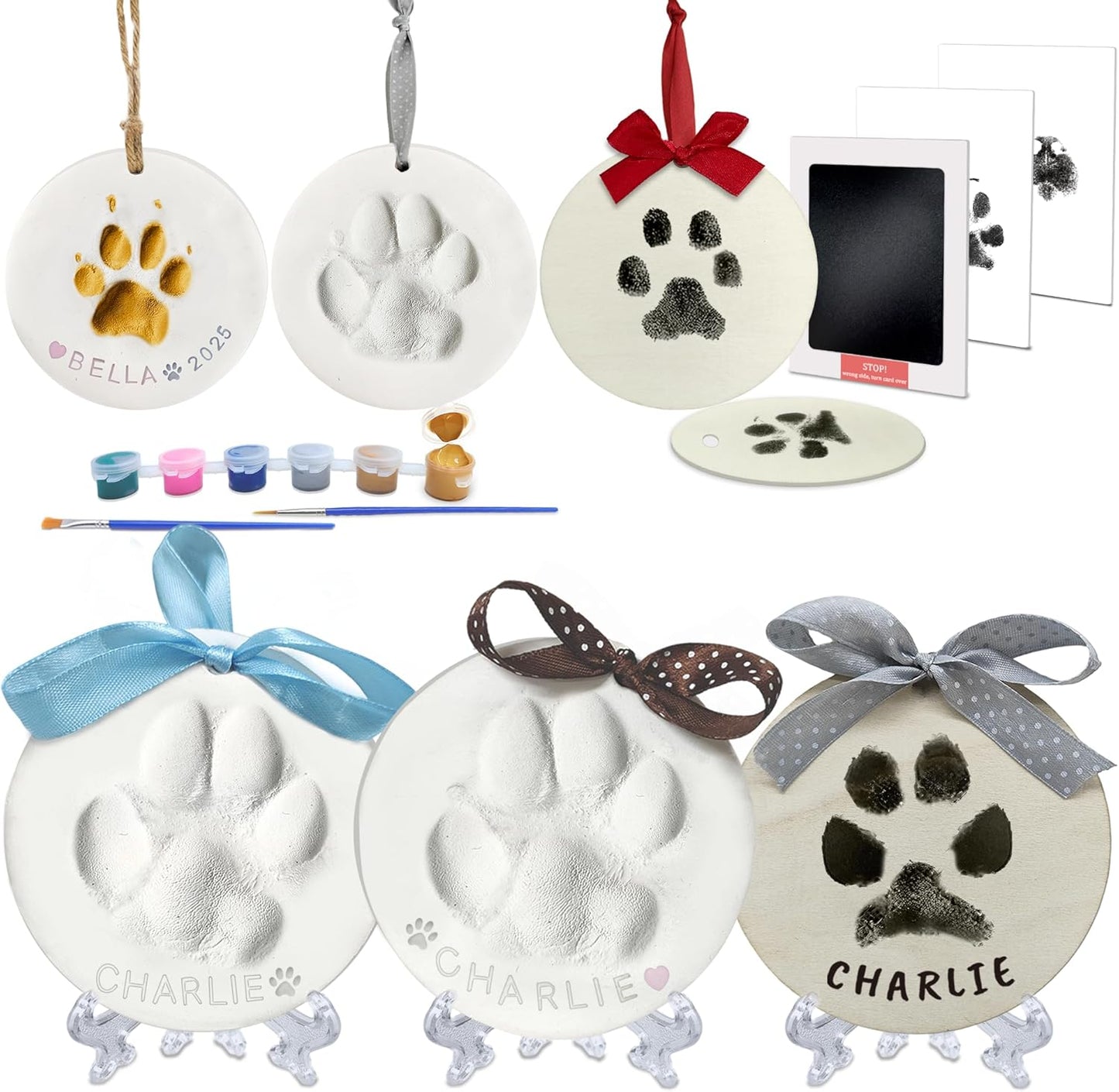 Clay & Ink Paw Print Kit,Make 3 Pawprint Ornaments(2 Clay&1 Ink),Dog Cat Paw/Nose Print Keepsake,Clean Touch Ink Pad & Soft Clay, Inkless Pet Paw Print Impression Kit,Pet Christmas Ornament
