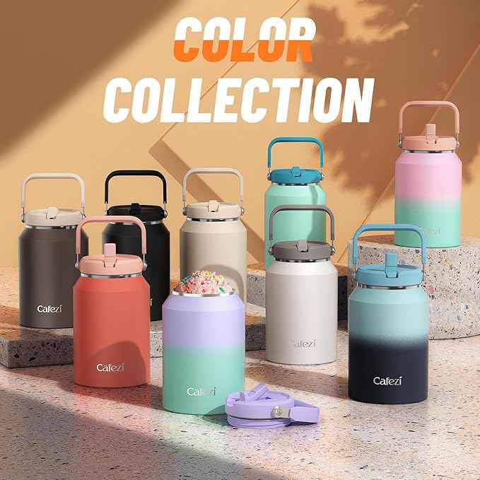 Half Gallon Insulated Water Bottle with Flip Straw, Vacuum Insulated Stainless Steel Jug with Top Handle, Leak-Proof Lid, Sweat-Free, Wide Mouth, Keeps Ice Cold up to 34 Hours