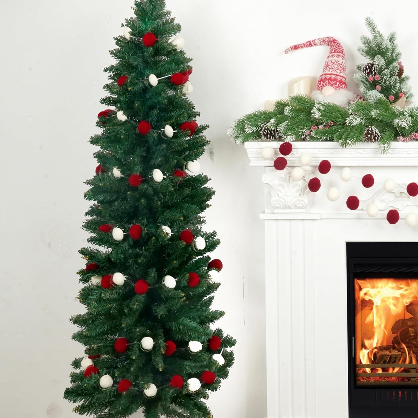 XmasExp Pom Pom Garland Decorations - Large Red Felt Ball Garland for Mantle, Indoor Home Decor, Christmas Tree Ornaments, Kids Room and Party Hanging Decor,13 Ft. (Red, 1.57")