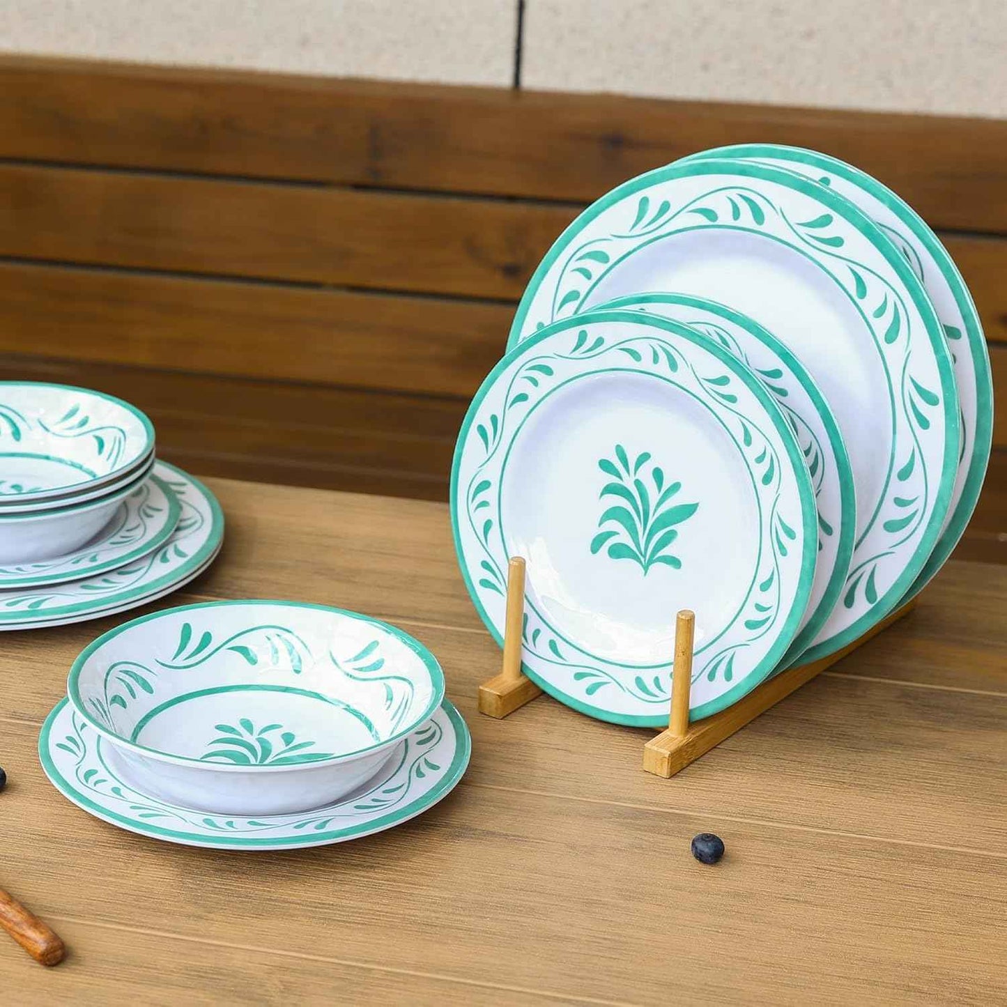 Melamine Dinnerware Sets 12 Pcs, Melamine Plates and Bowls,Party Plates and Bowls Sets, Camping Dishes Set for 4, Unbreakable, BPA Free, Dishwasher Safe （Green water drop flower）