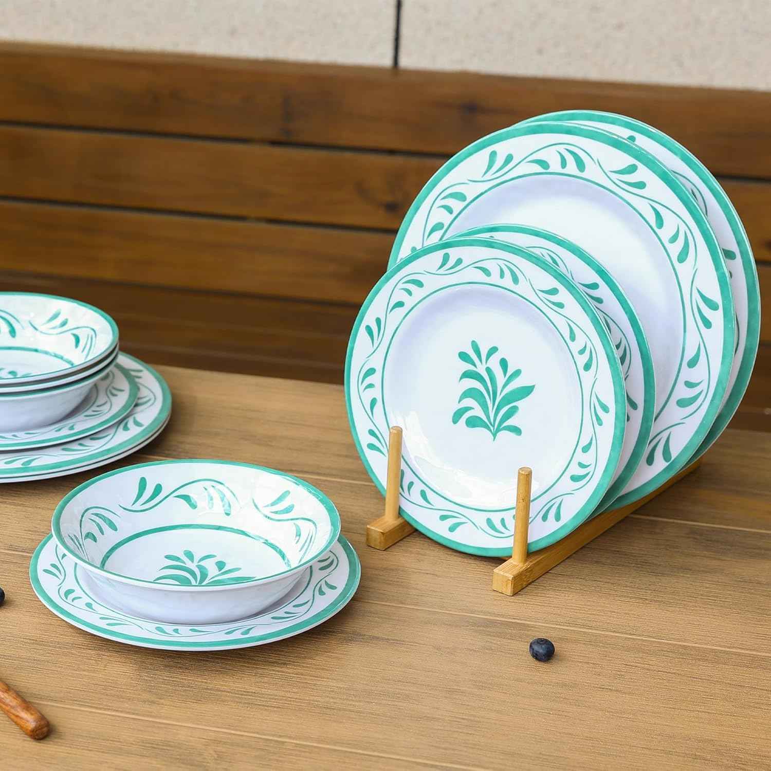 Melamine Dinnerware Sets 12 Pcs, Melamine Plates and Bowls,Party Plates and Bowls Sets, Camping Dishes Set for 4, Unbreakable, BPA Free, Dishwasher Safe （Green water drop flower）