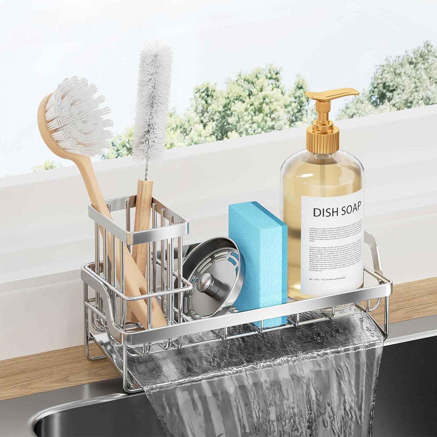 Consumest Sponge Holder for Kitchen Sink - Sink Caddy with Stainless Steel Self Drain Tray, Sink Organizer with High Brush Holder Countertop for Kitchen Sink Accessories, Silver