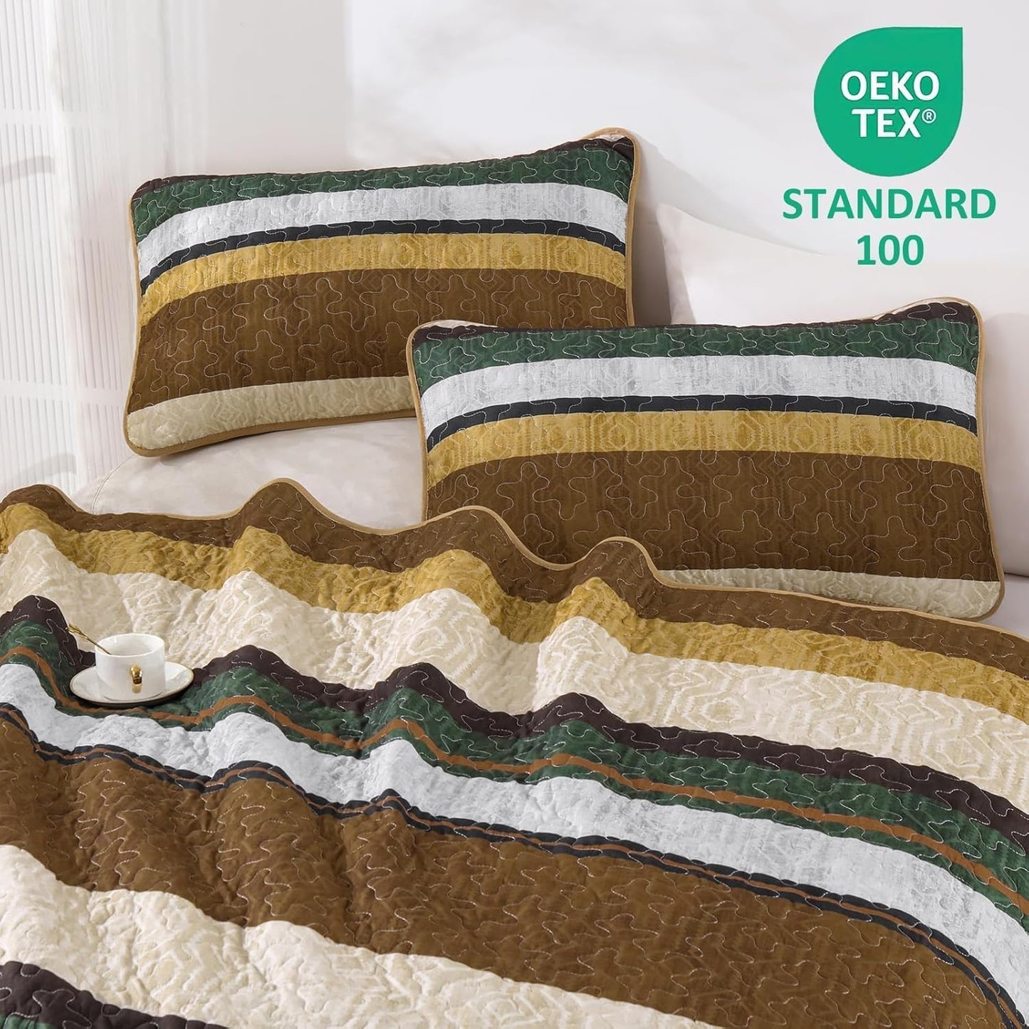 Dobuyly Brown Quilt King Size Set, Boho Fall Bedspread, Striped Bedding Sets 3 Pieces, Lightweight Soft Coverlet Bed Sets with 2 Pillow Shams 110"x90"