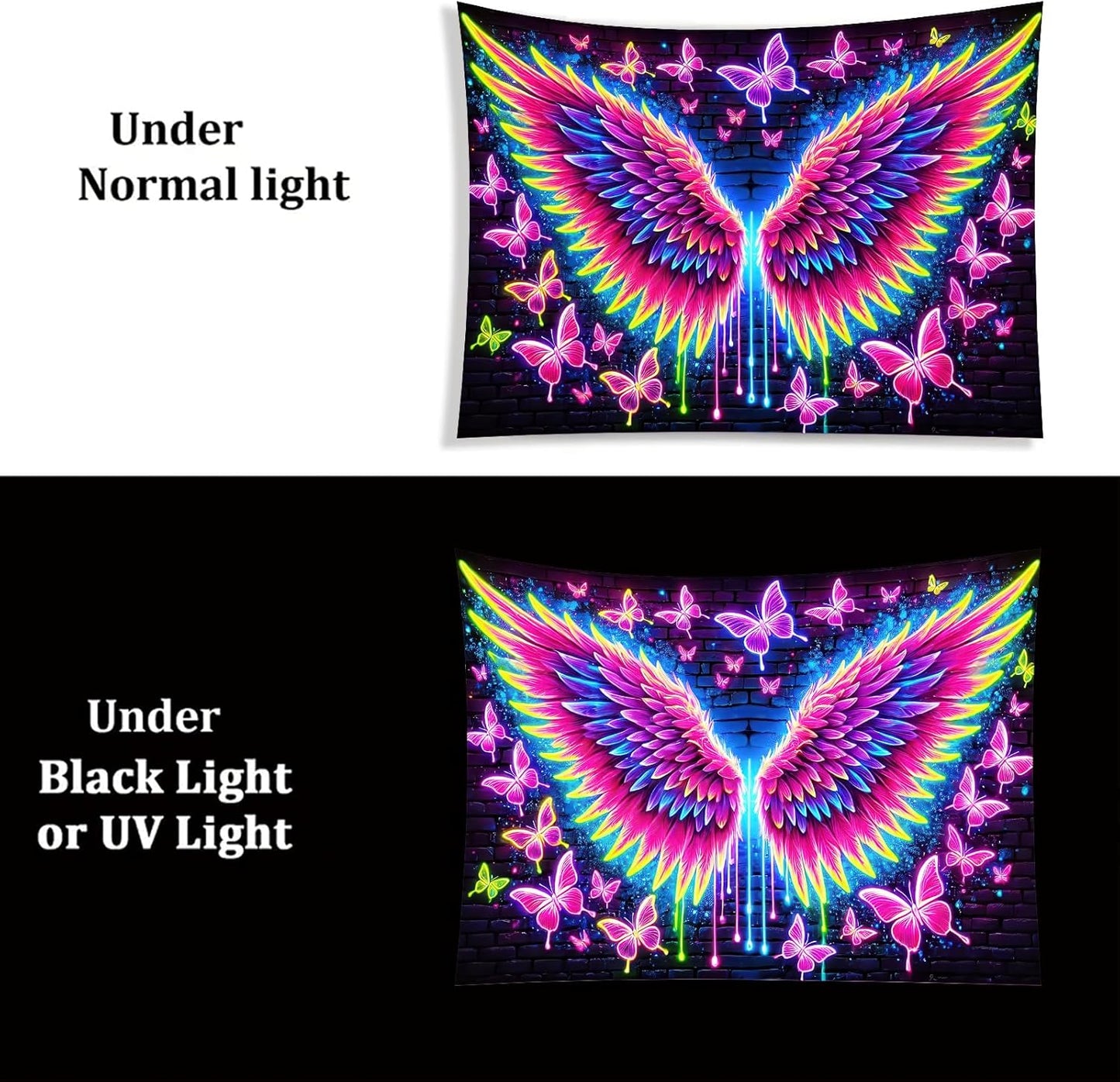 Starlit Patio Blacklight Angel Wings Tapestry UV Reactive Glow in The Dark Butterflies Wall Hanging Trippy Fluorescent Neon Art Poster for Bedroom Living Room Dorm Aesthetic Decor 78 x 59 Inches