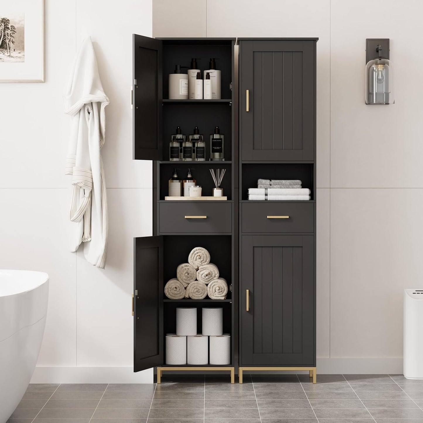 Homhedy 67" H Bathroom Storage Cabinet, Tall Storage Cabinet with Adjustable Shelves, Freestanding Cabinet with Doors and Drawer, Narrow Cabinet for Bathroom, Living Room, Kitchen, Dining Room, Black
