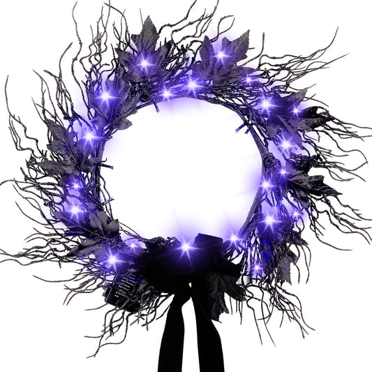 JORNOY 16inch LED Halloween Wreath with Battery Timer - Black Artificial Leaves&Silk Ribbon Decor Hanging for Front Door, Mantel, Porch, Wall, Party Decorations
