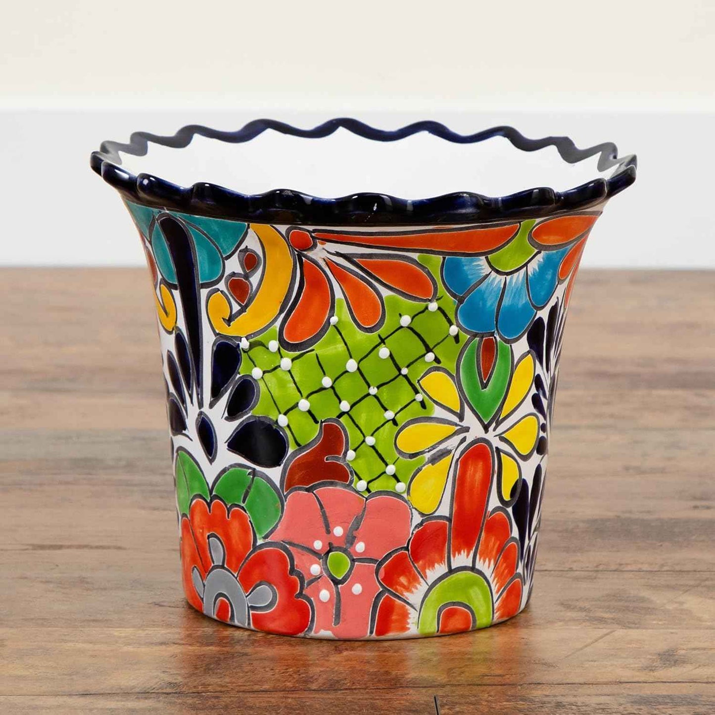 Nearly Natural 10-in x 12-in Handcrafted Mexican Talavera Ceramic Planter – Vibrant Hand-Painted Decorative Art Pot with Drainage Hole