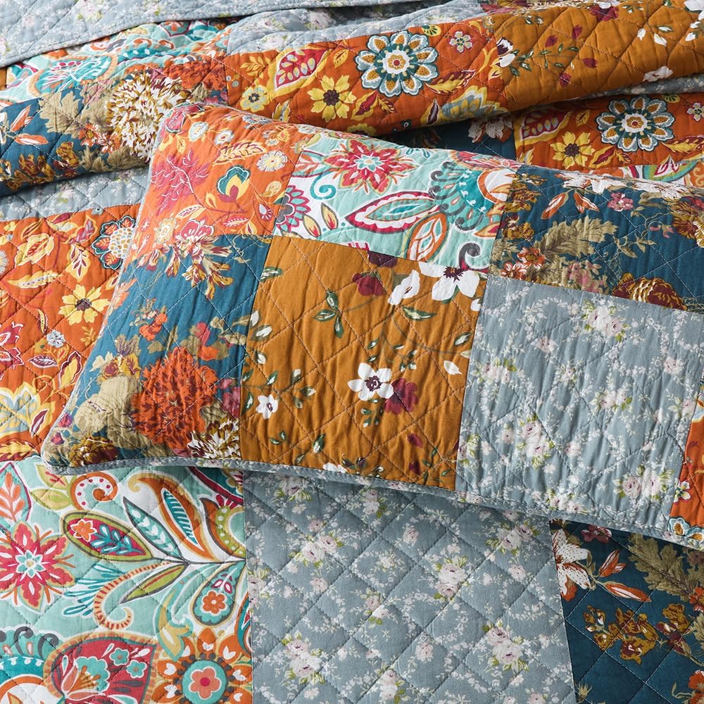 Autumn Dream Cotton Bedspread Quilt Sets Reversible Bedding Coverlet Sets Comforter, Paisley Floral Patchwork Yellow Grey Bedspread, Queen Size