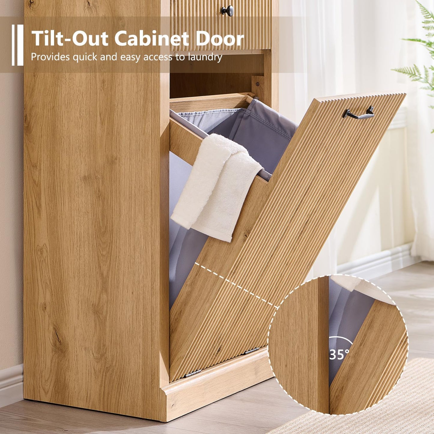 Modern Tilt-Out Trash Can Cabinet, 10 Gallon Fluted Laundry Hamper Cabinet with Drawers, Wooden Hidden Garbage Can Cabinet w/Storage Basket, Free Standing for Kitchen & Living Room,Natural Oak - Lumora Casa